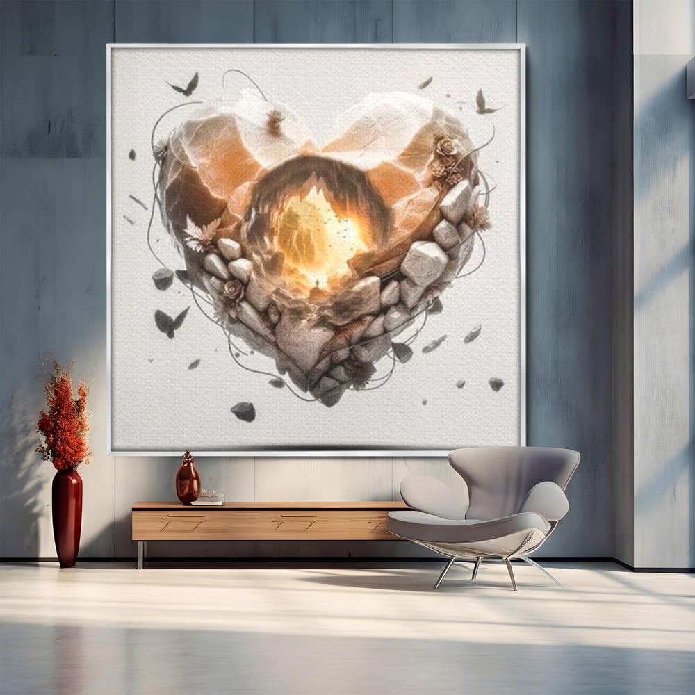 Tablou canvas cu ilustratie digitala inima din piatra, in rama de aluminiu argintiu